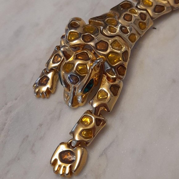 Vintage Articulated Over The Shoulder Leopard Brooch Gold Tone With Amber Stones - Picture 4 of 15
